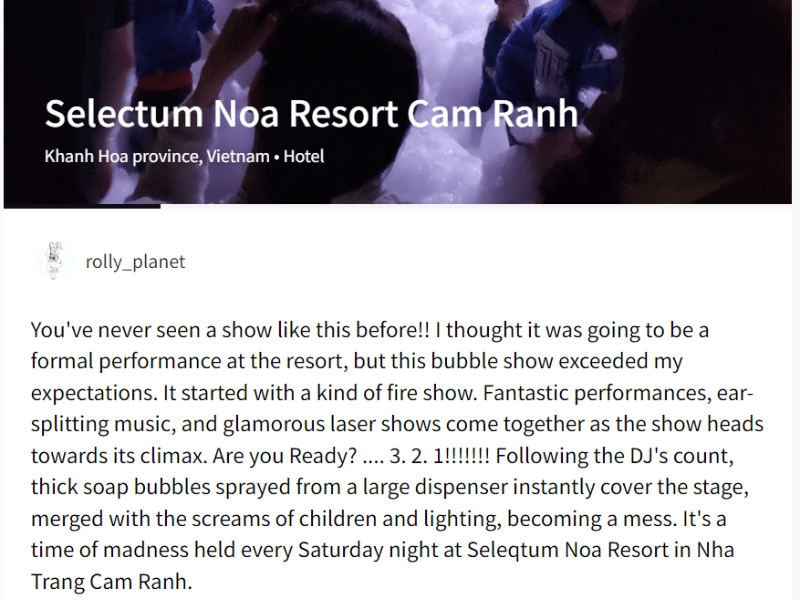 Review của du khách về Bubble Party tại Selectum Noa Cam Ranh Resort.